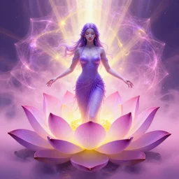 'lotus goddes, full body, purple, pink, yellow, concept character, water drops, lotus flower, beautiful, stunning, pink mist, radiating power, energy, god rays, luminescence, fractal, style of james jean, akira, satoshi con'