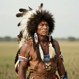very old photo depicting a native american warrior man with afro, feathers in hair, hyper realism, photo real, photographed by thomas easterly, full frame,,