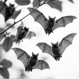 highly detailed beautiful black and white photography of bats, leaves, sharp focus, dynamic lighting, elegant harmony, beauty, masterpiece, by riccardo federici, by james jean, by craig mullins, by lois van baarle, by makoto shinkai, by greg tocchini, by greg rutkowski, illustration, ink draw, pen,