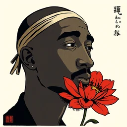 a stylized minimalist portrait of tupac and a chrysanthemum. shin hanga and kawanabe kyosai and cory loftis and rossdraws and wlop and rossdraws and greg rutkowski weta studio and lucasfilm behance hd global illumination, thick black outlined, woodblock print