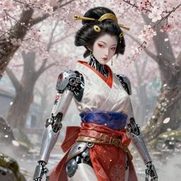 an epic fantastic realism comic book style portrait painting of a japanese robotic geisha with kanji tattoos and decals, cherry blossom rain everywhere, apex legends, octane render