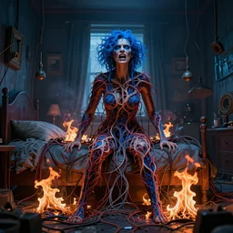 rgb, woman, bedroom full of fire, blue, rage, cinematic, movie scene, inspired by zdzislaw beksinski, clothes made out of veins,, cables everywhere, bedroom, ultra realistic, concept art, intricate details, highly detailed, photorealistic, octane render, 8 k