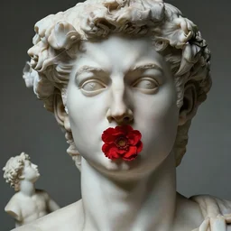 beautiful closeup portrait of a ethereal male with a red flower, marble sculpture by greg rutkowski, josan gonzalez, rodin, michelangelo, cinematography by christopher nolan, imaginative, creative, emotion : madness