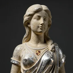 statue of a perfect woman, sandstone and silver metal ( desgined by porsche ), studio photo, octane render, studio lights, macro lens