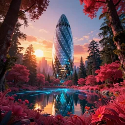 building by norman foster, cgsociety nature anime forest rainforest reclaimed by nature retrowave hyperrealism flowers sunset nightsky myst laser lake sunlight thermal imaging cyberpunk at dawn at dusk morning sun dramatic lighting at night tron fisheye landscape magic realism infrared meadow, archdaily, wallpaper, highly detailed, trending on artstation.