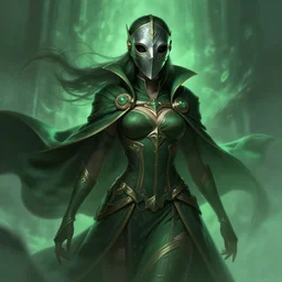 a highly detailed illustration of plague doctor mask wearing woman, cape flowing in the wind pose, surrounded by green mist, intricate, elegant, highly detailed, centered, digital painting, artstation, concept art, smooth, sharp focus, league of legends concept art, WLOP