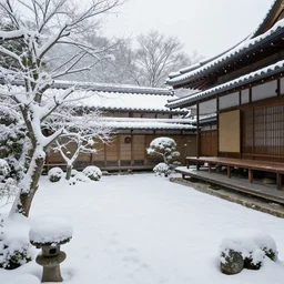 snowy Japanese courtyard, professional photography