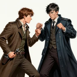 hyper detailed comic illustration of Tommy Shelby and The Tenth Doctor about to fight one another, Android Jones intricate details, vibrant, solid background, low angle fish eye lens