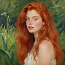 a beautiful red haired woman in a garden, beautiful painting by magali villanueve