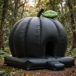 huge matte black adult bouncy castle in big fruits form like a big puffer with seams, on the forest, style by anish kapoor, parts by shih chieh huang, warm soft light, shallow depth of field realistic, 8 k, hyperrealism, subsurface scattering, raytracing