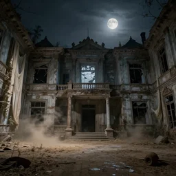 abandoned 3 0's rich manor, dust floor, dust particles, moonlight through broken windows, floating curtains, dirt on the floor, old wood, hyperdetailed, artstation, cgsociety, 8 k