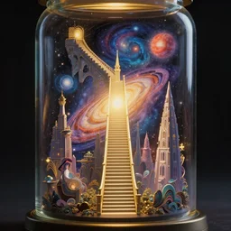 majestic stairways to otherworldly galaxies inside a glass jar, high intricate details, rule of thirds, golden ratio, cinematic light, 8 k, octane render, anime style, graphic novel by fiona staples and dustin nguyen, art by beaststars and orange, peter elson, alan bean, studio ghibli, makoto shinkai