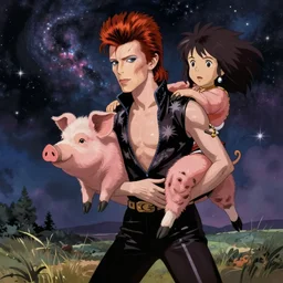 david bowie giving a piggy back ride to ziggy stardust. glam rock. cosmic. moebius. ghibli studio