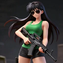 worksafe. insanely detailed. by studio gainax, pixiv. zbrush sculpt, octane. a beautiful anime girl with an athletic feminine body in a green tank top and black shorts, holding an assault rifle, confident pose, aviator classic sunglasses, long hair. cinematic dramatic atmosphere, sharp focus, volumetric lighting, illustration, high resolution, 2 d art.