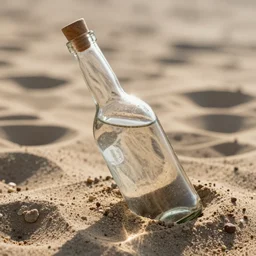 A close up photo of a glass bottle sitting in the sand with the sun shining through it