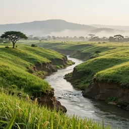 erosion channels big river sunlight, green hills savanna tree, mountains background, early morning light fog, heavy grain, high quality,