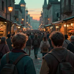close behind the back of two fantasy adventurers, middle of big crowd, extreme close up of two adventurers in street, shallow depth of field, roger deakins, busy market street, big crowd, sunset, street lamps, fantasy medieval city, extremely crowded, spice shop, royo, greg rutkowski, digital art, cinematic, teal orange color palette