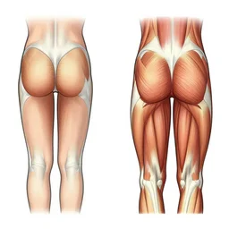 “ animated drawing of a glute muscle transformation with the before image showing small and weak glutes, while the after picture shows strong and well developed gluteal muscles. ”