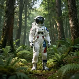 american astronaut in the forest wearing a designer suite, plants environment wide angle cinematic lighting atmospheric realistic octane render highly detailed, octane render, in the style of craig mullins