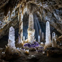 beautiful intricate crystal cave, iceland cave, amethyst and quarts stalagmites and stalactites, deep image ray tracing, beautiful light rays