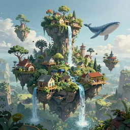 Planet Overgrown with hanging houses and buildings, waterfalls, floating trees, floating alien whale, Greg Rutkowski, Darek Zabrocki, Karlkka, Jayison Devadas, Phuoc Quan, trending on Artstation, 8K, ultra wide angle, pincushion lens effect