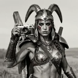 selfie, vertical movie frame with commanche female warrior on m wood jetpack, old camera, armor inspired by diablo barbarian and fashion, strong blooded body, brutal blooded symmetrical face, epic, cinematic lighting, award winning, establishing shot, extremely high detail, photorealistic, brutal, provocative, natural lighting, octane render, old photo, vintage, black and white, sepia, old photography, documentary photography