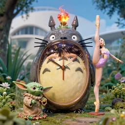 cinestill 5 0 d, 8 k, j. j abrams flare ; esoteric ultra realistic seinen manga faberge timepiece in totoro meets yoda ( 1 9 9 0 ) film still garden scene in frontiers in translucent plastic photography fashion magazine june seinen manga portrait closeup edition, hyperrealistic real - life clay occult timepiece film still in seinen manga victorian glass jar, pointe pose, perfect eyes, tilt shift wide shot zaha hadid background