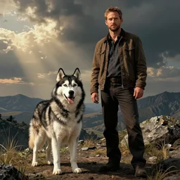 Paul Walker with a husky, in the style of Jean Giraud in the style of Ralph McQuarrie