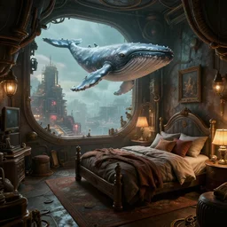 interior of a steampunk bedroom, 3d scene, render, ultra realistic, zenith view, Greg Rutkowski, artstation, cgsociety, level design, unreal engine alien whale flying over a steampunk city, 3d scene, render, ultra realistic, zenith view, Enki Bilal style