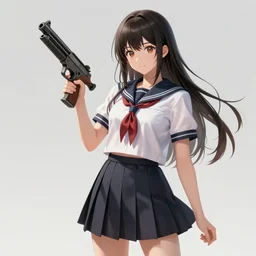 anime, full body, cute, gun, female, a pretty girl wearing a school uniform and holding a gun, highly intricate detailed, light and shadow effects, intricate, highly detailed, digital painting, art station, concept art, smooth, sharp focus, illustration, advanced digital anime art