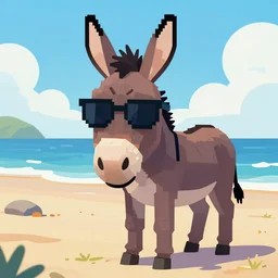 A donkey wearing cool sunglasses at the beach, digital art, in the style of The Rusted Pixel, artstation
