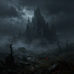 horrific landscape, matte painting, dramatic lighting, dark, fog, artstation