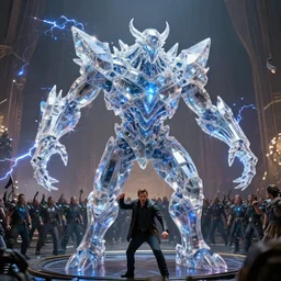opal by jakub rozalski, chaos golem still frame from mcu movie, nuclear crystal construct by wayne barlowe, crystal golem fighting vast army by jakub rozalski, opal lightning elemental by benicio del toro
