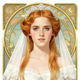 a detailed, intricate art nouveau portrait of a young bride who resembles a teenage saoirse ronan and emma watson in a white bridal gown, in a garden of fireflies and glowing lanterns at night, by william adolphe bougereau, john williams waterhouse, alphonse mucha, and donato giancola