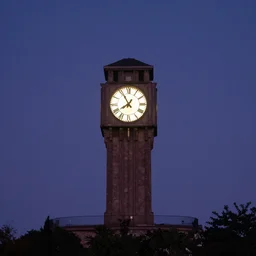 a giant clock tower on top of a hill, with moon light coming in through the dial of the clock, 3 5 mm, f / 2. 8, lens flare, complimentary - colors