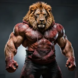 high detail cinematic photograph portrait , epic pose mutant powerlifter muscular oversized lion wearing dirty bloody hoodie , detailed, very dramatic studio backlight