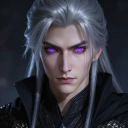 portrait of a young man with purple eyes, dressed in a black cloak, silver white hair, glowing purple eyes, detailed face, fantasy, highly detailed, cinematic lighting, digital art painting by greg rutkowski