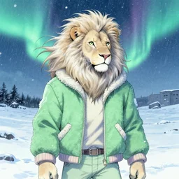 aesthetic portrait commission of a albino male furry anthro lion with long lavish mane hair blowing wistfully in the cold wind in the north pole with the northern lights visible in the sky and the background while wearing a cute green jacket cozy soft pastel winter outfit, sleet rain, winter atmosphere. character design by charlie bowater, ross tran, artgerm, and makoto shinkai, detailed, inked, western comic book art, 2 0 2 1 award winning painting