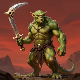 dog - faced muscular goblin, ugly face, lizard tail, holding scimitar made of bone, scimitar, sword, jagged sword, curved sword, orkish sword, colorized, green skin, red sky, hyper - detailed, primeval fantasy, prehistoric fantasy, art by jacques - louis david