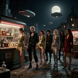 diverse queue to a liquor store in cyberpunk outfits in a Russian slum city called Neo Norilsk on the Moon, at night, lots of hovercraft above them, diverse, lively, black sky full of stars, blinding sun, sci-fi, photorealistic, grainy, 35mm, intricate, very very beautiful, elegant, smooth, cinematic, Unreal Engine 5, by Beeple, trending on Artstation HD