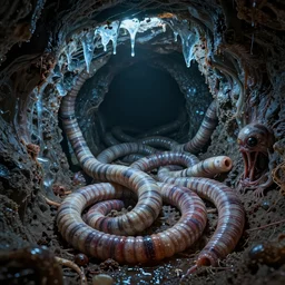 “the peristalsis of the icy worm caves, realistic render, grime, grotesque, dark, vivid”