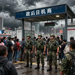 private military company operatives standing outside immigration check point crowded with climate crisis migrants, severe weather storms, hong kong, cinematic, realistic, detailed, intricate, digital art, ambient lighting, by jordan grimmer, industrial art style, 3 5 mm film grain, artstation