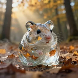 a 3 5 mm lomography long shot photo of melted clear fresnel glass hamster with hamster shape and turbulence surface in the sunshine autumn forest, falling autumn leaves are reflected in the glass hamster, foggy bottom, god rays, ultrasharp, detailed, cinematic