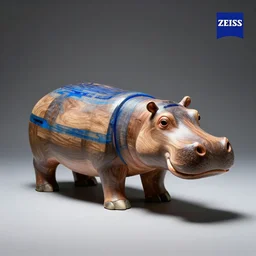 a photo of a model hippo made of repurposed elm wood composite mixed with straight lines blue epoxy resin, dramatic lighting, studio zeiss 1 5 0 mm f 2. 8 hasselblad, award - winning photo