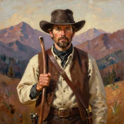 portrait of a trapper, 1 8 8 0. oil painting by n. c. wyeth. red dead redemption. mountains in the background. warm colours. oil painting, highly detailed, centered, hyperrealism, artstation, romantic, concept art, smooth, sharp focus, illustration, artgerm, tomasz alen kopera, peter mohrbacher, donato giancola, joseph christian leyendecker, frans hals, drew struzan