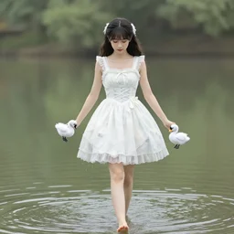 A photograph of a young woman wearing a summer dress, with swan puppets for hands, walking on the surface of a lake