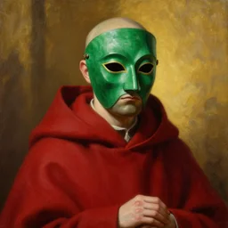 greg manchess oil matte portrait painting, monk in red mantle and full emerald mask, enigmatic, medieval, fantasy, wonderful masterpiece highly detailed, roman aesthetic, beautiful cinematic light deep focus, elegant, digital painting, smooth, sharp focus, golden ratio, dramatic illumination, ultra realistic, 4 k, art by greg rutkowski wlop rossdraws
