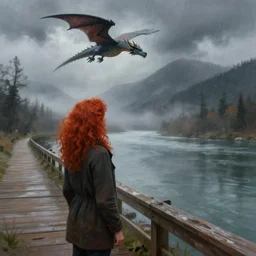 a realistic digital painting of a woman with curly long redhair standing in a boardwalk besides a river looking at a dragon flying out of the mountains in a fog during a thunderous weather, trending on ArtStation