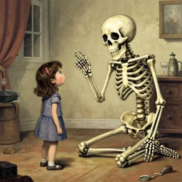 a friendly skeleton entertaining a girl by mark ryden