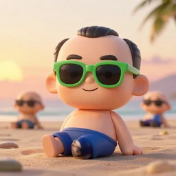 3 d render, chibi berlusconi character with an accomplished look on his face, he is wearing green sunglasses relaxing on the beach at sunset